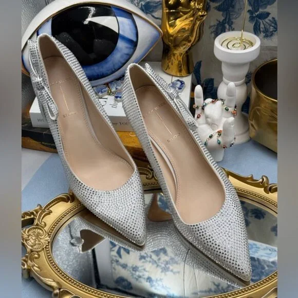 🆕 BLACK SUEDE STUDIO 🧿 NWOB White Satin Ribbon Rhinestone Heels, Sz 37 US 6.5 - Picture 4 of 16